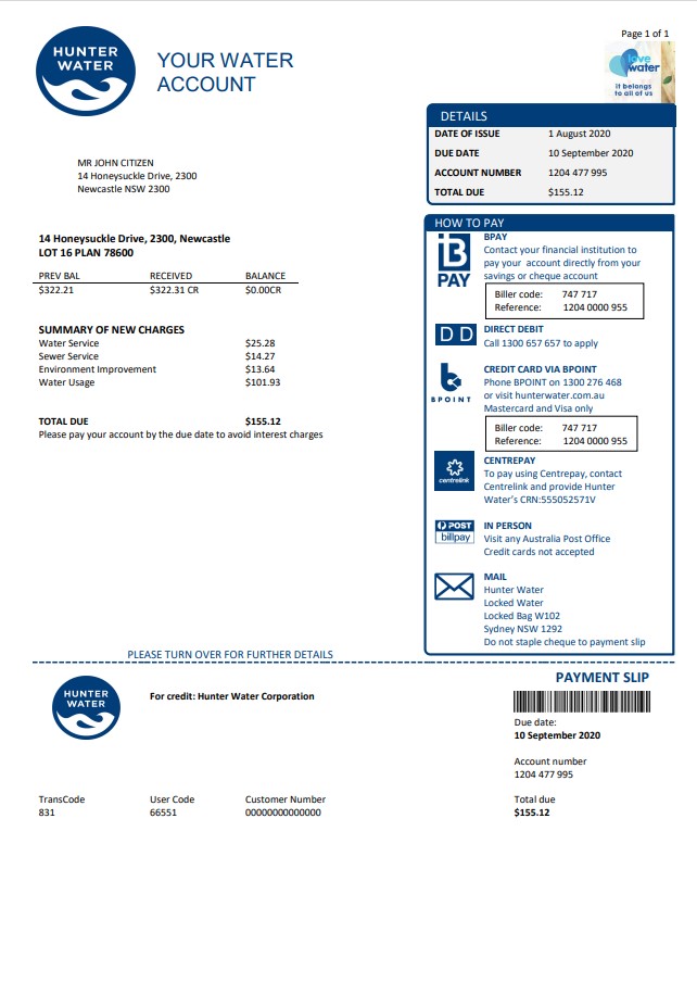 Australia Hunter Water utility bill